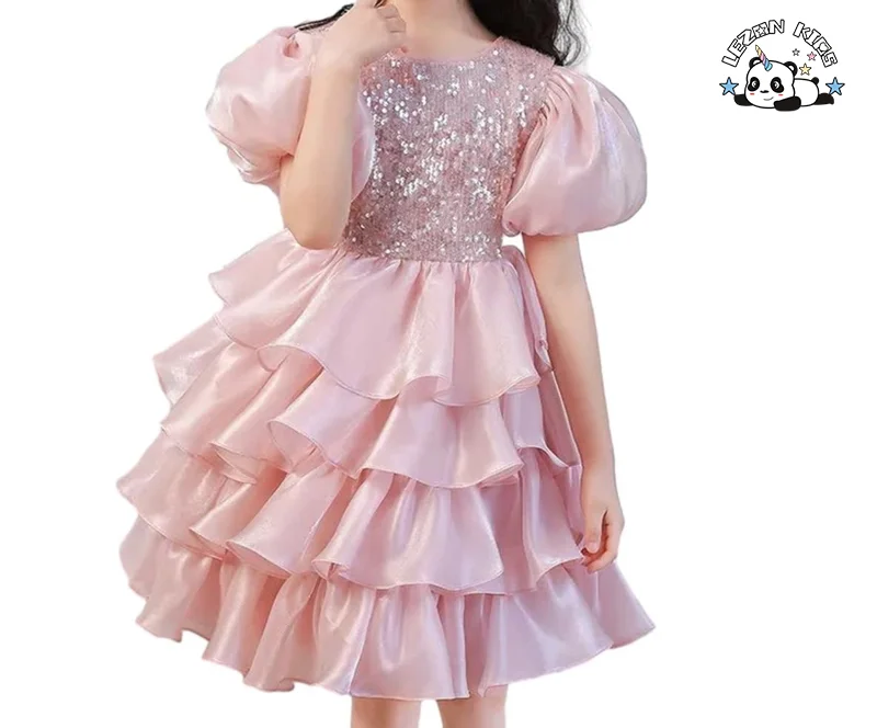 LEZONKIDS - 2023 New Girls Sequined Puff Sleeve Layers Lily Satin Tutu Dresses Cute Princess Dress for Girls